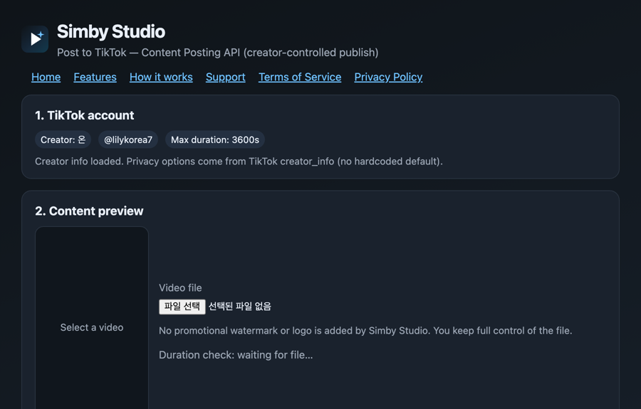 Simby Studio publishing screen showing the connected TikTok creator account and the selected video