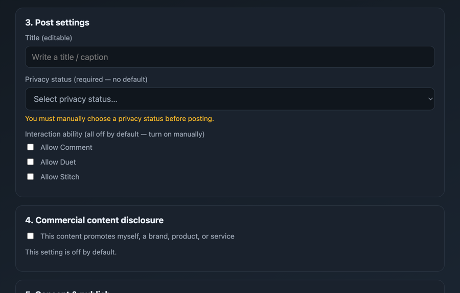 Privacy level selector with no default and interaction toggles that are off by default